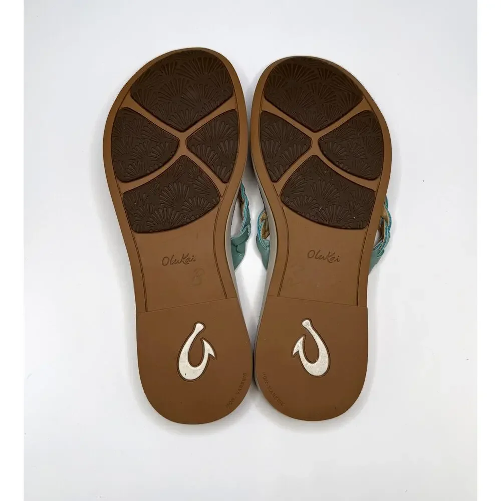 Olukai Kahiko Braided Leather Thong Sandals Sz 8 Flip Flops Turquoise Boho Flat - Picture 4 of 10